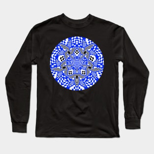 Blue Black and White Checkered Circular Mandala Long Sleeve T-Shirt